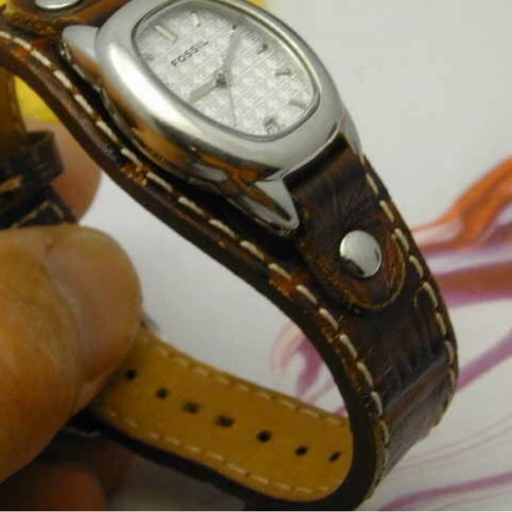 Fossil Silver Dial with Brown Leather Strap Watch